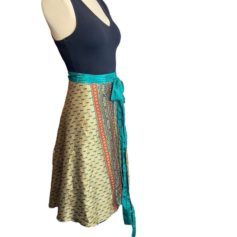 Wevez Wrap Skirt One Size Silk Blend Gold Teal Maroon Boho Womens Tie Waist Midi - Picture 5 of 10